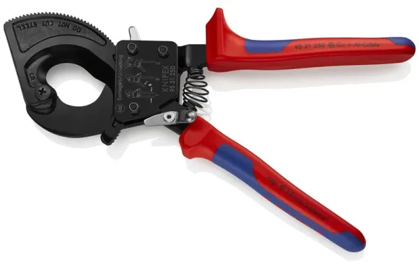 Knipex-kaapelileikkuri (räikkäjärjestelmä) mustaksi lakattu, monikomponenttikahvalla 250 mm